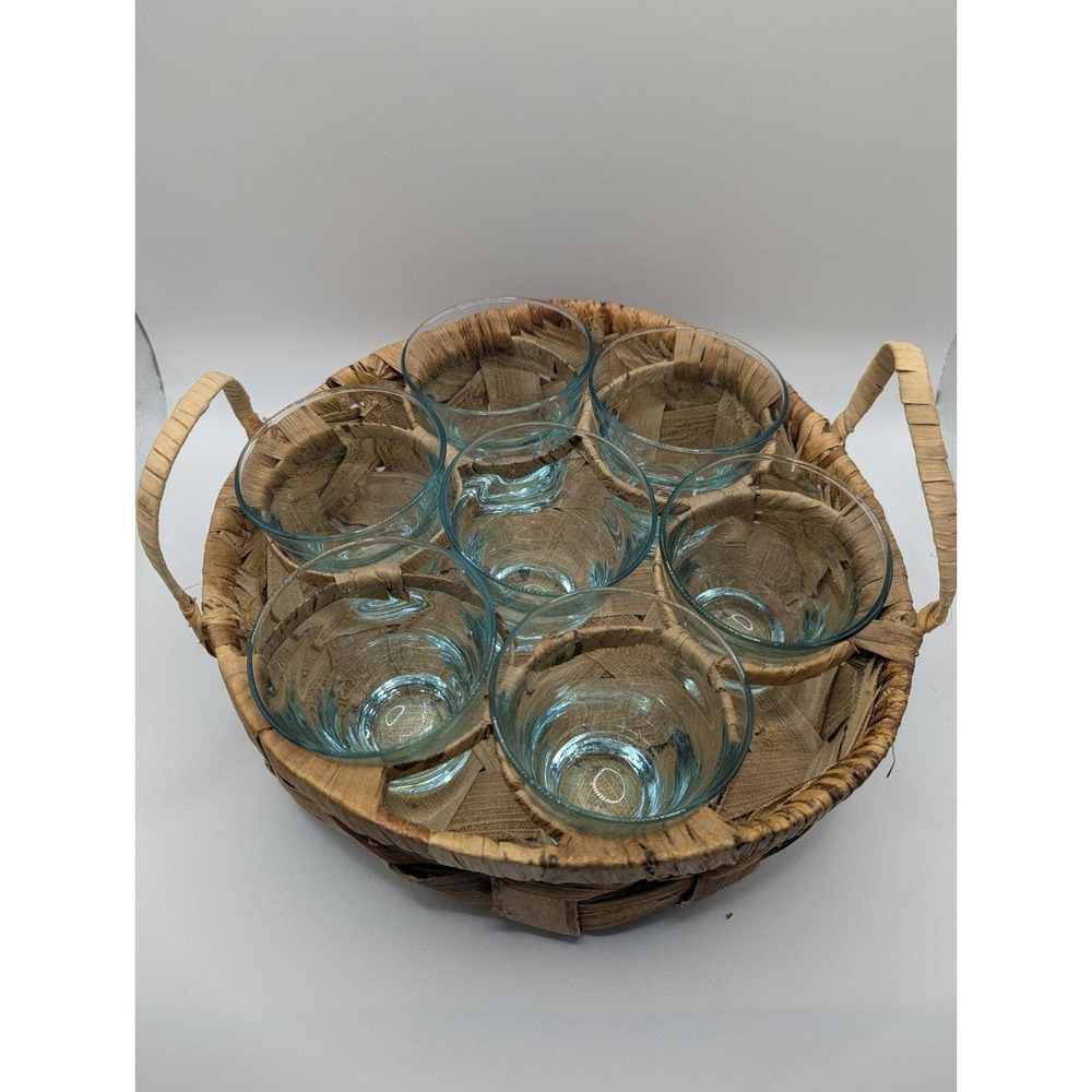 Vintage Libbey Aqua Blue Saturn Optic Ripple Glassware Set With Basket Carrier